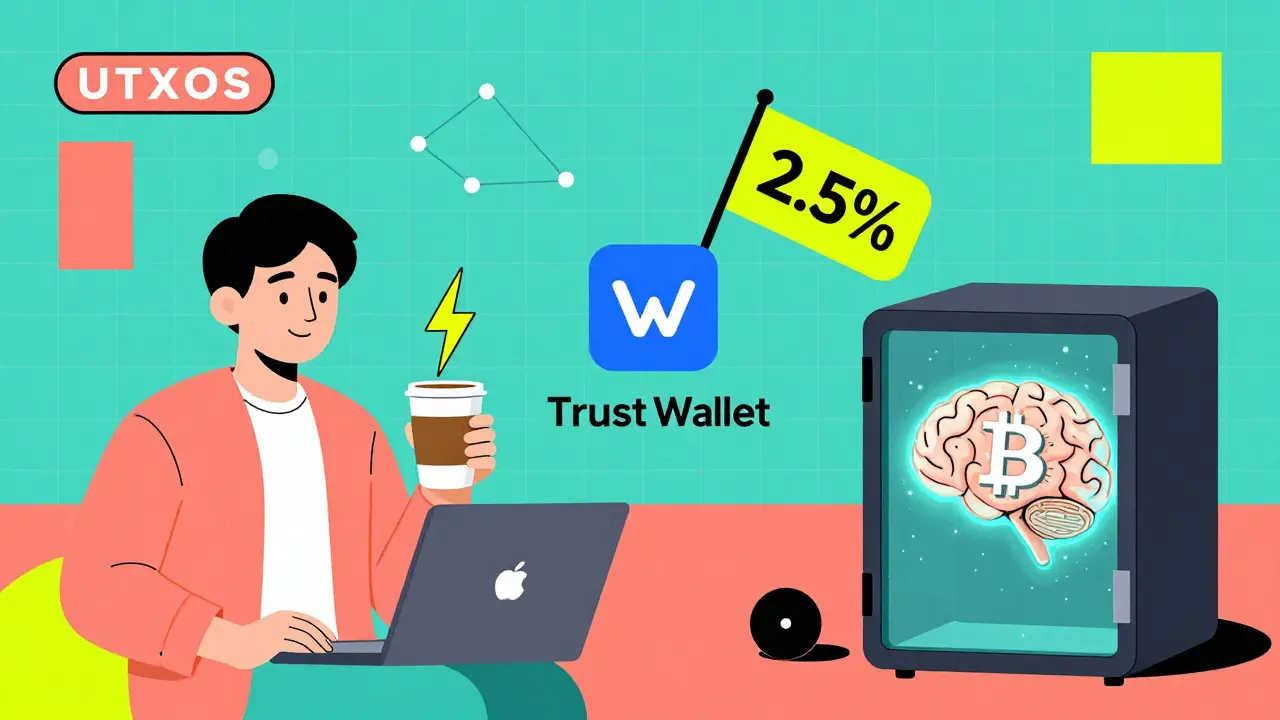 Daily crypto routine: Lightning payment at coffee, high-fee swap, and hardware storage in brain-shaped safe with abstract tech symbols.