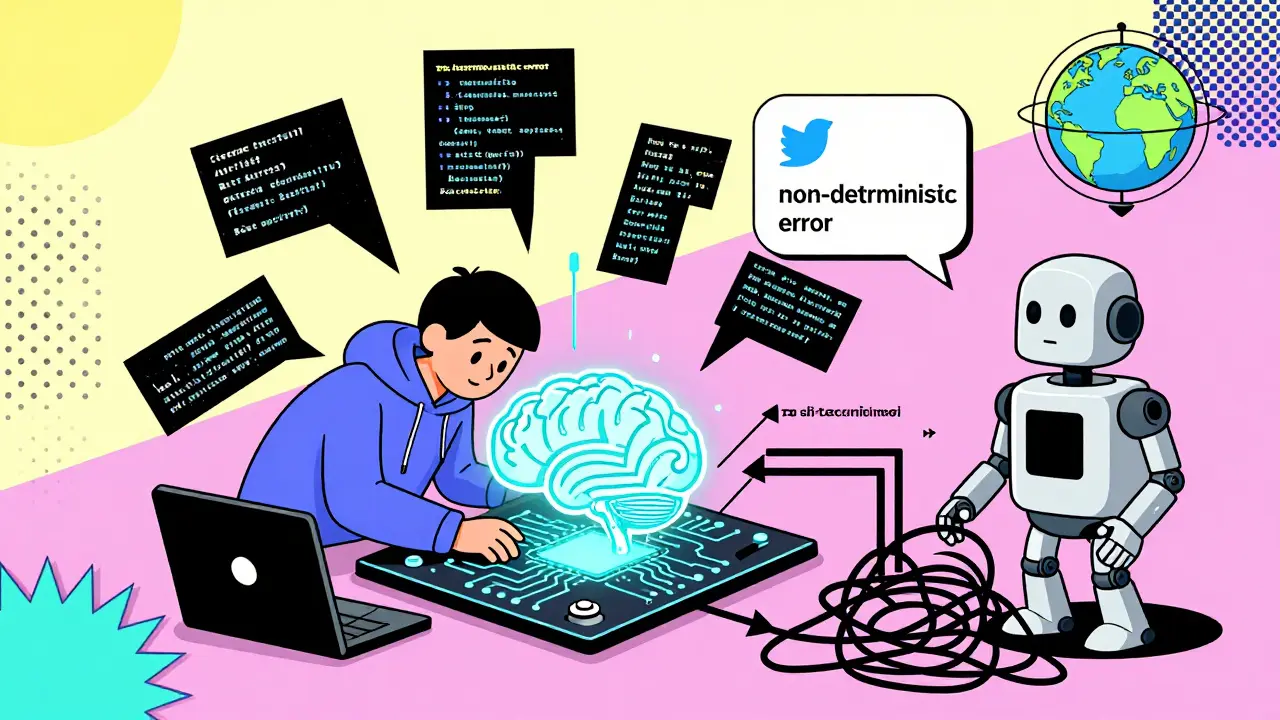 Developer surrounded by coding fragments and a debugging robot, with a tiny Mina Protocol globe in background.