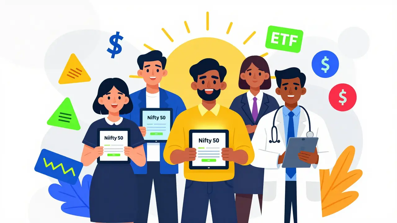 Diverse Indian professionals holding glowing Demat tablets with floating Nifty 50 icons in bold geometric shapes and vibrant colors.