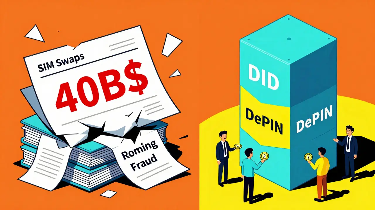 Falling fraud documents vs. rising blockchain tower with token coins