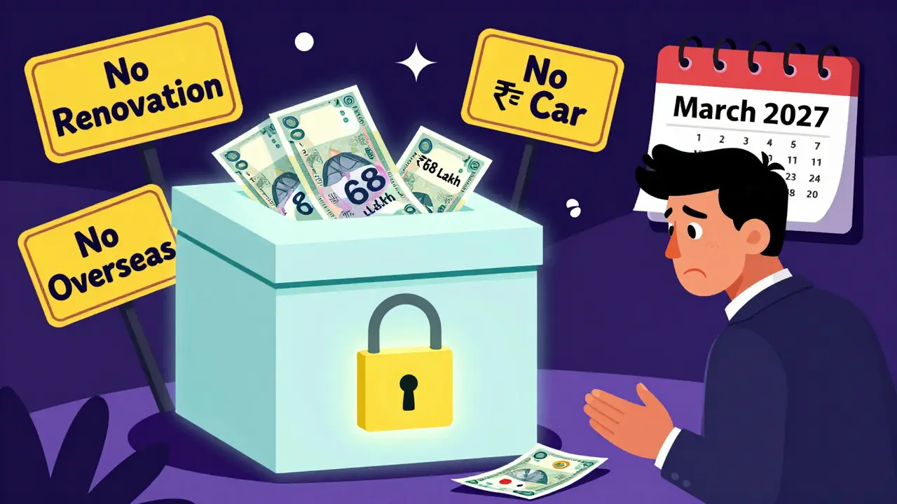 Glowing CGAS bank box with rupee notes and warning signs in geometric design