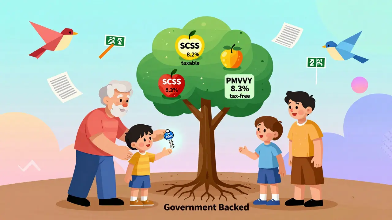 Grandparent giving tax-free income key to family, with SCSS and PMVVY fruit tree in Memphis style.