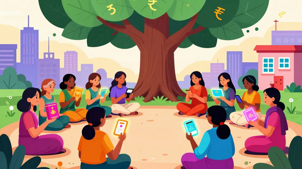 Group of Indian women sharing savings tools under a tree with rupee-shaped leaves.