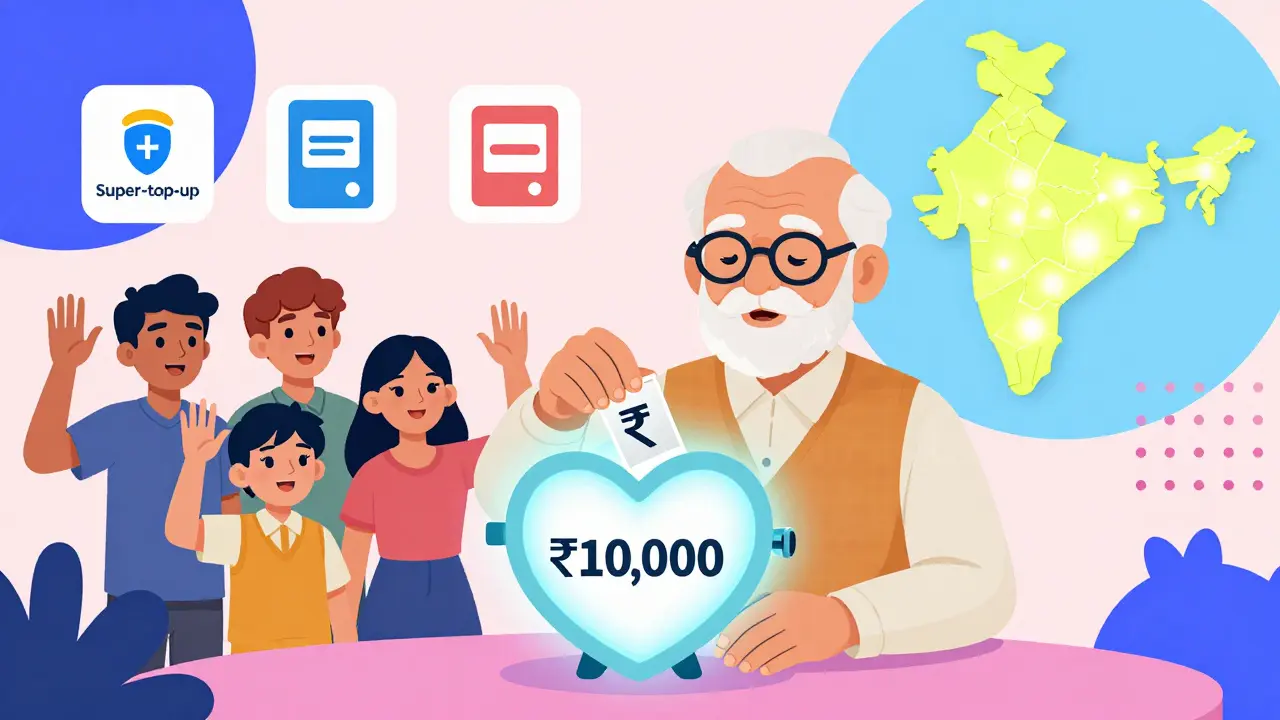 Senior depositing monthly savings into a heart-shaped health vault with insurance icons nearby.