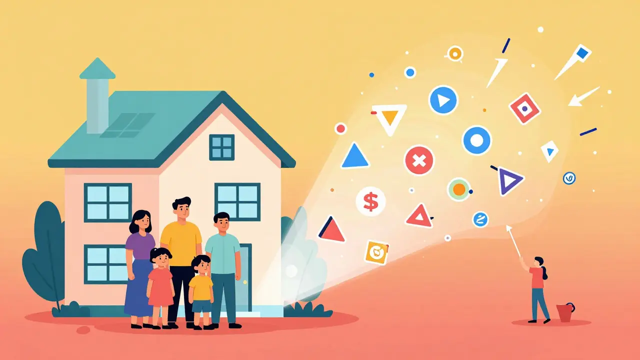 Split scene of a house with rising arrow roof and digital stock icons multiplying in Memphis style.