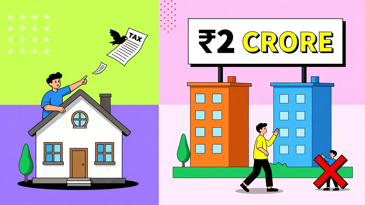 Split scene: selling old house vs buying two new flats with ₹2 crore limit in Memphis style
