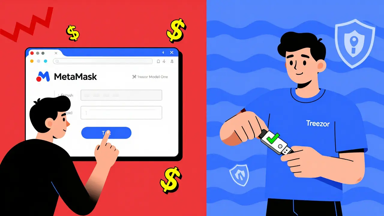 Split scene: user falling for phishing scam vs. safely using hardware wallet with bold warning and shield patterns.