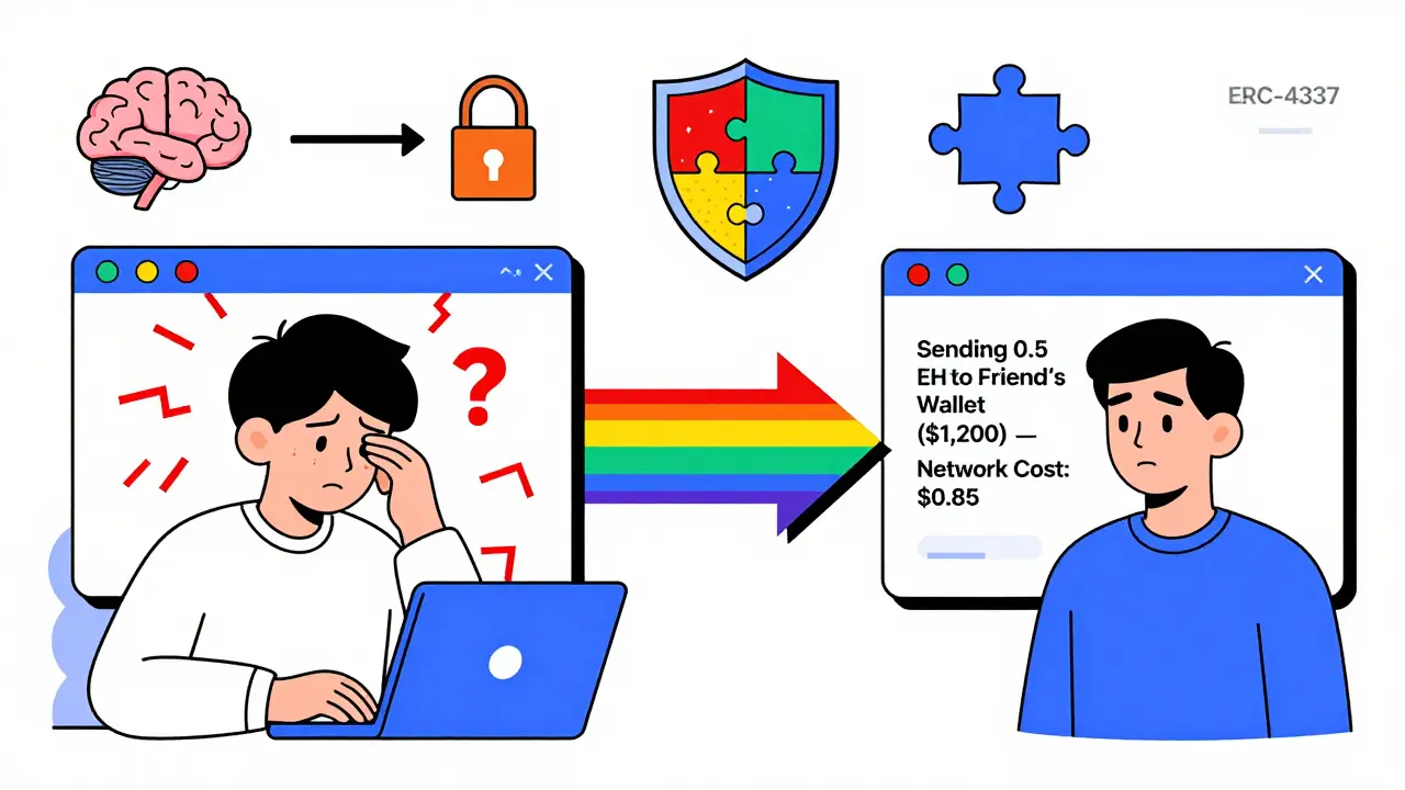 Split-screen contrast: chaotic crypto approval vs. clear human-readable interface with colorful elements.