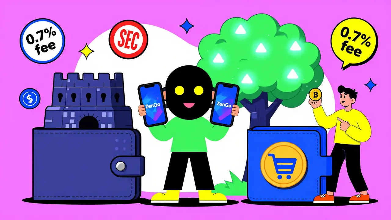 Three alternative wallets beside a blockchain tree, with users choosing options in bold Memphis design colors.