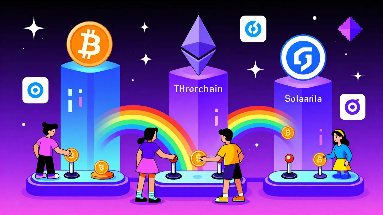 Three blockchain towers connected by rainbow bridges in a vibrant geometric swap station.