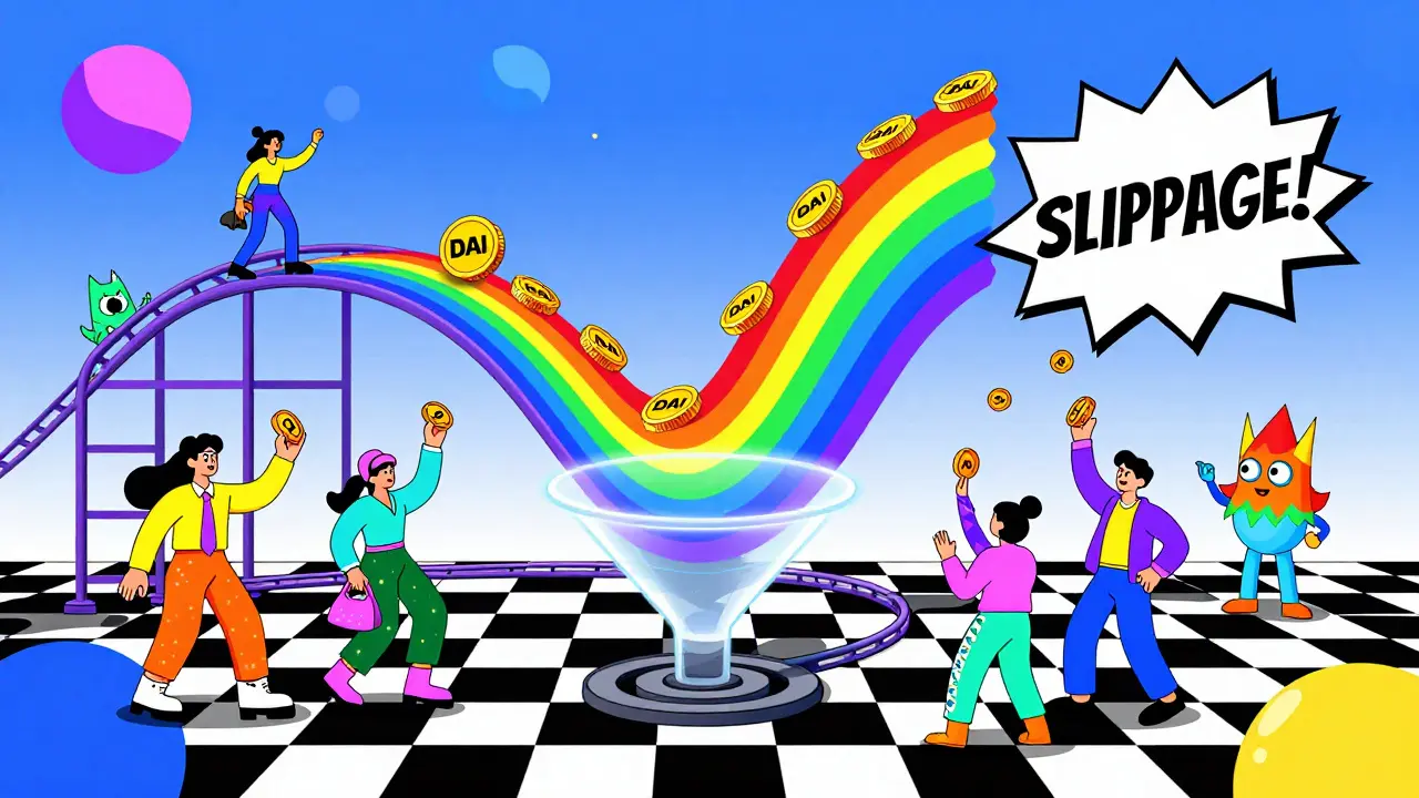 Users tossing coins into a glowing bonding curve funnel that turns into a rollercoaster with price waves.