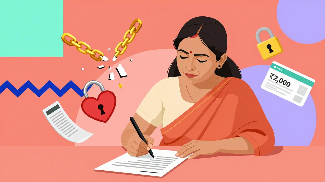 Woman signing a document to claim ownership of her home, with symbols of financial independence nearby.