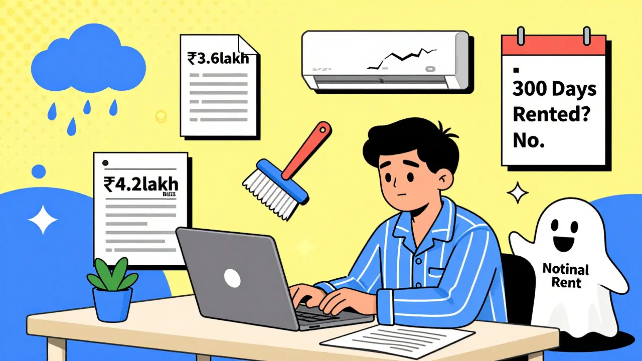 A chaotic desk scene with repair bills, tax forms, and ghostly 'notional rent' icons in bold Memphis Design colors and shapes.