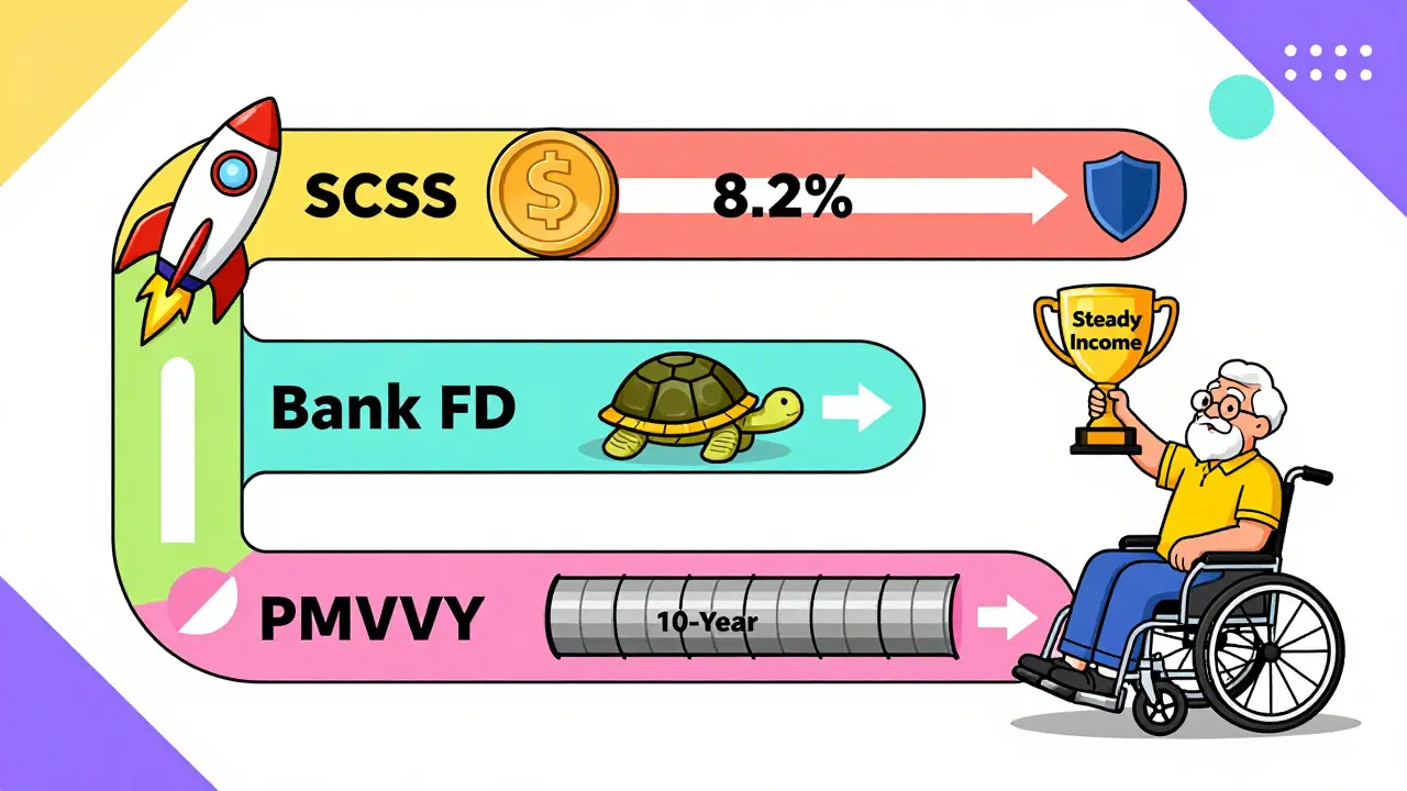 A game board comparing SCSS, Bank FD, and PMVVY, with SCSS winning as a rocket and government shield shine brightly.