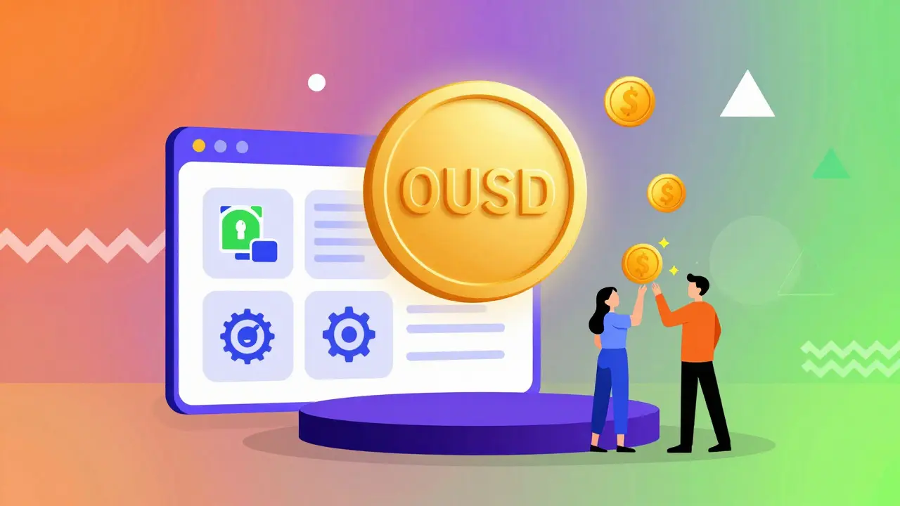 A glowing OUSD token emits yield sparkles to users amid DeFi icons and geometric patterns.