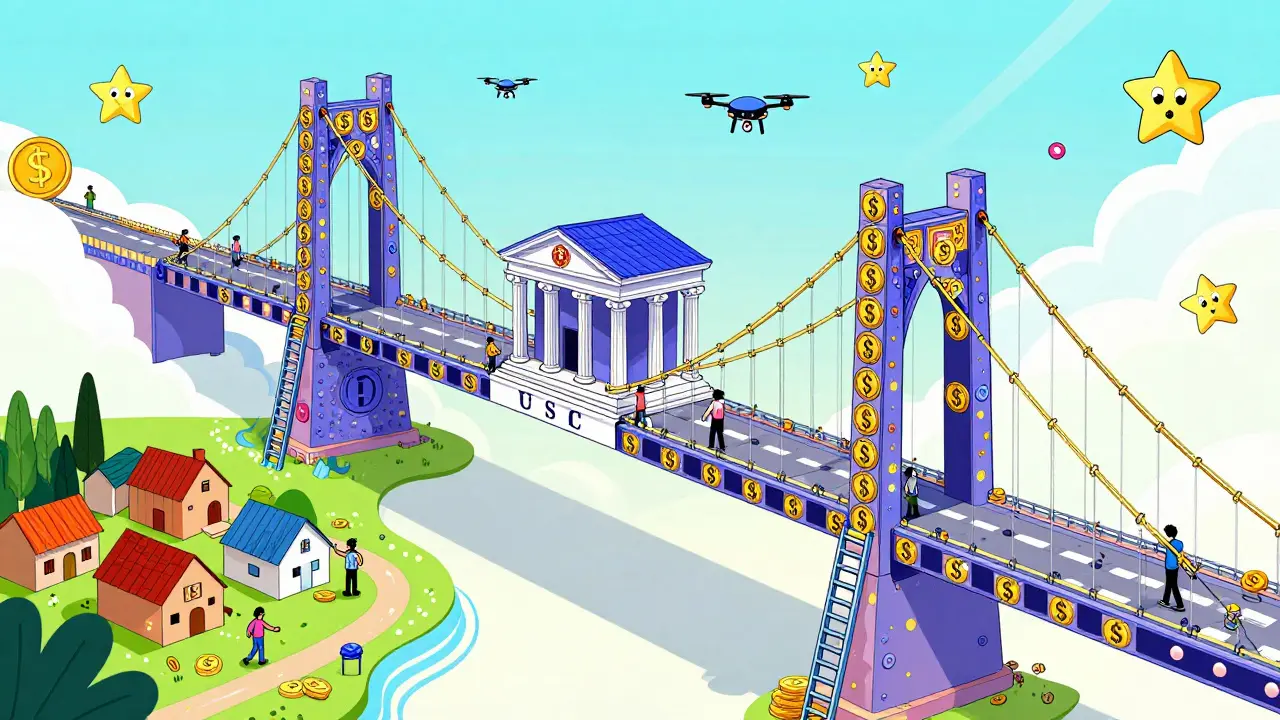 A massive bridge of USDC and USD₮ blocks connects economies, while lesser stablecoins struggle to climb beside it.