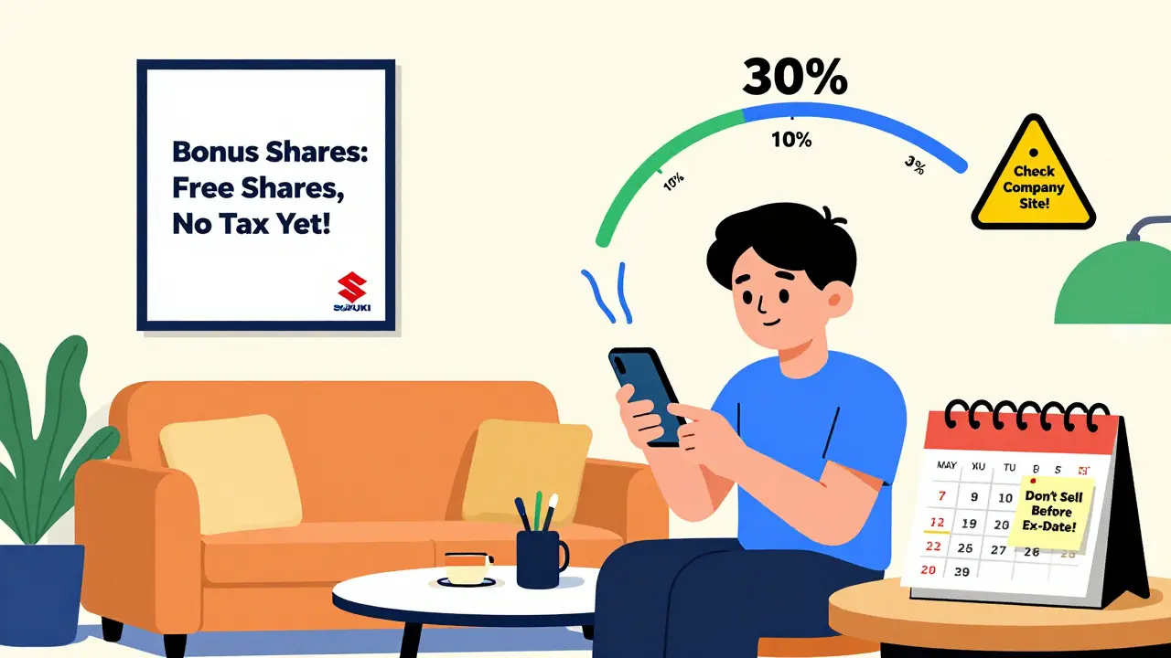 A person viewing a dividend notification with a rising tax meter and a bonus shares poster on the wall.