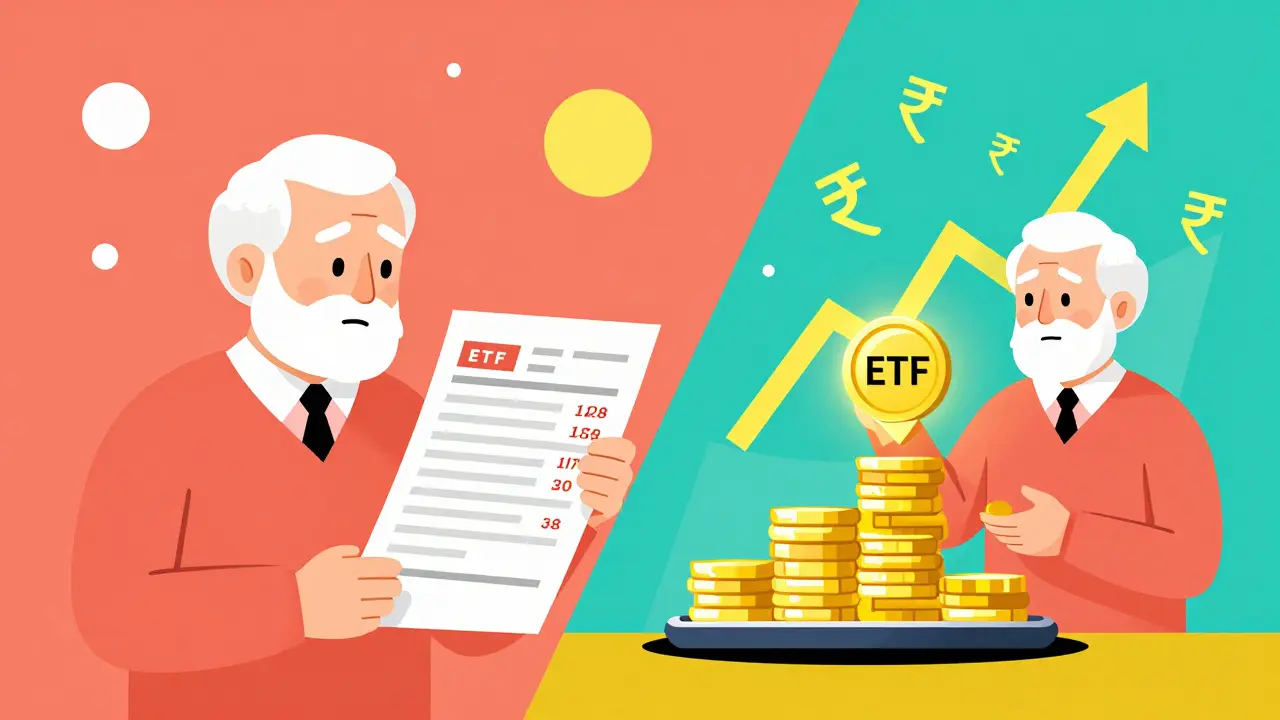 A retiree transitioning from financial worry to smart investments with bold geometric visuals.