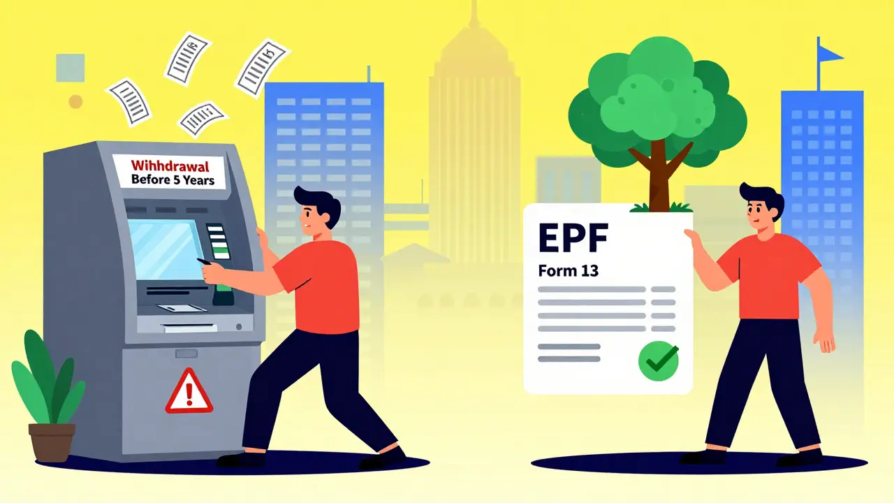 A split scene showing tax penalties from early EPF withdrawal vs. smooth transfer using Form 13.