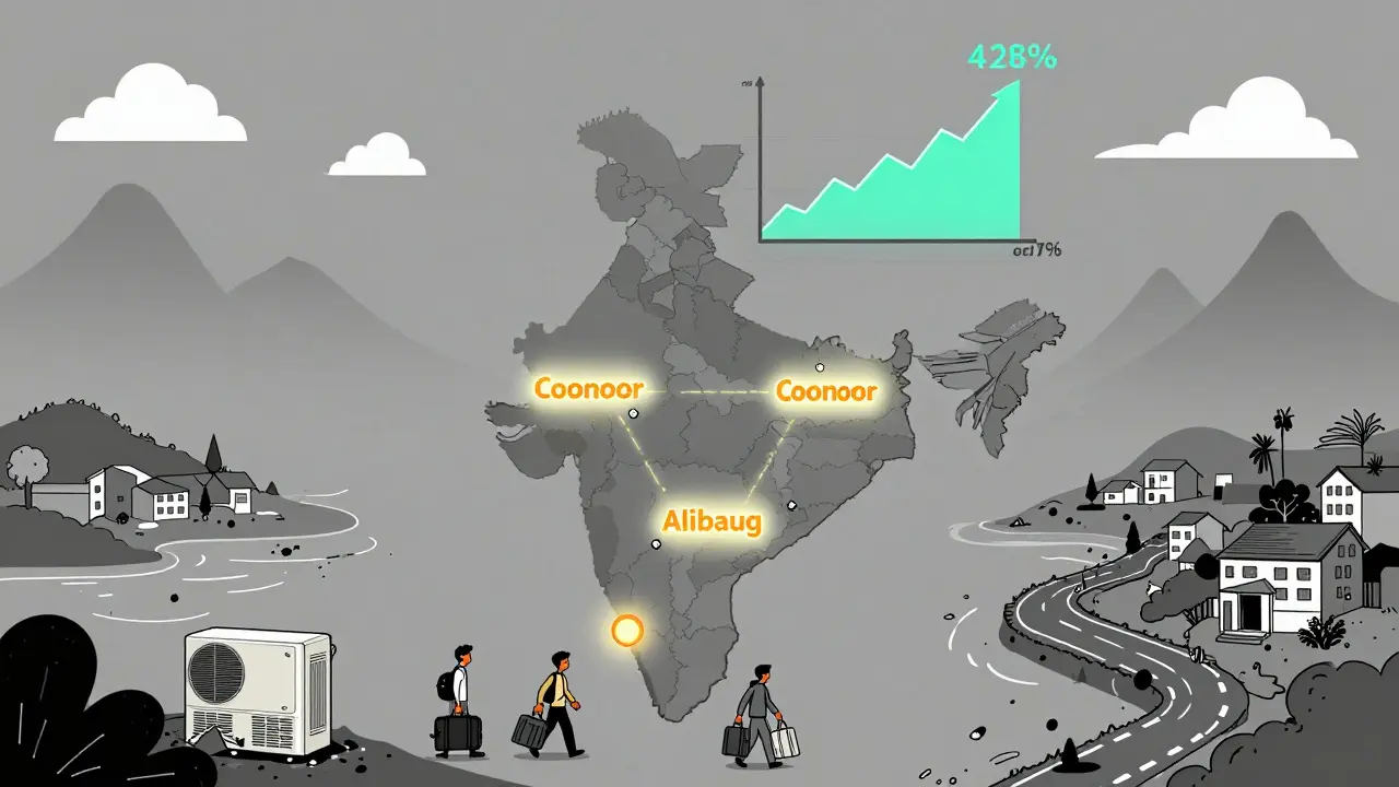 A stylized map of India highlighting high-yield rental zones in Goa, Coonoor, and Alibaug with glowing neon lines and tiny traveler figures.
