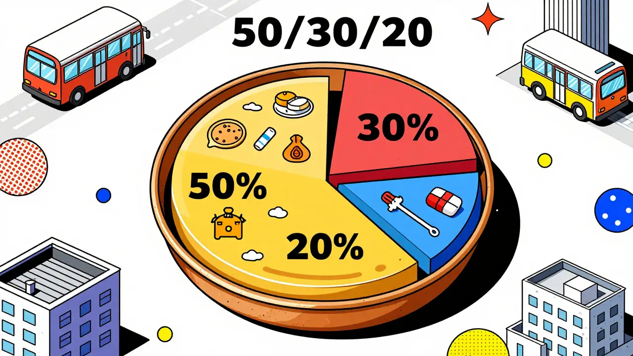 A thali-shaped budget pie chart showing 50/30/20 allocation for retirement essentials.