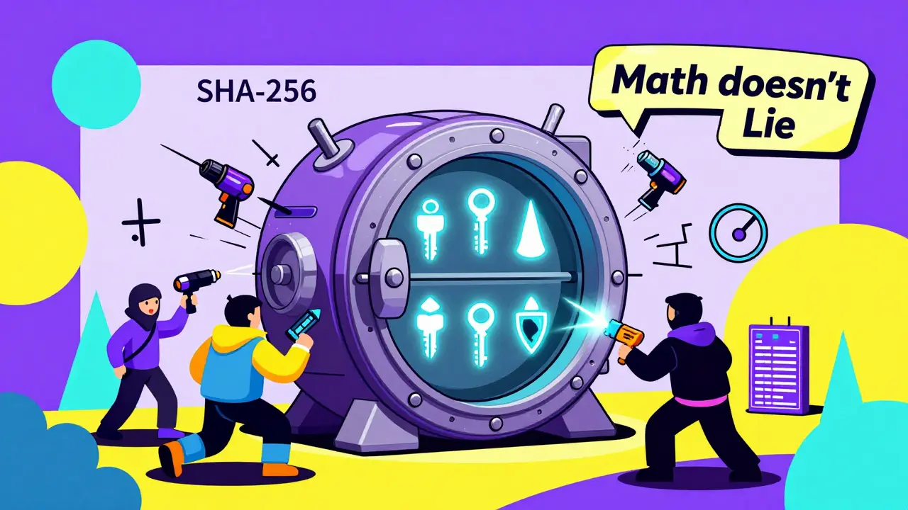 A vault sealed with six keys, defended by math symbols as cartoon hackers fail to break in