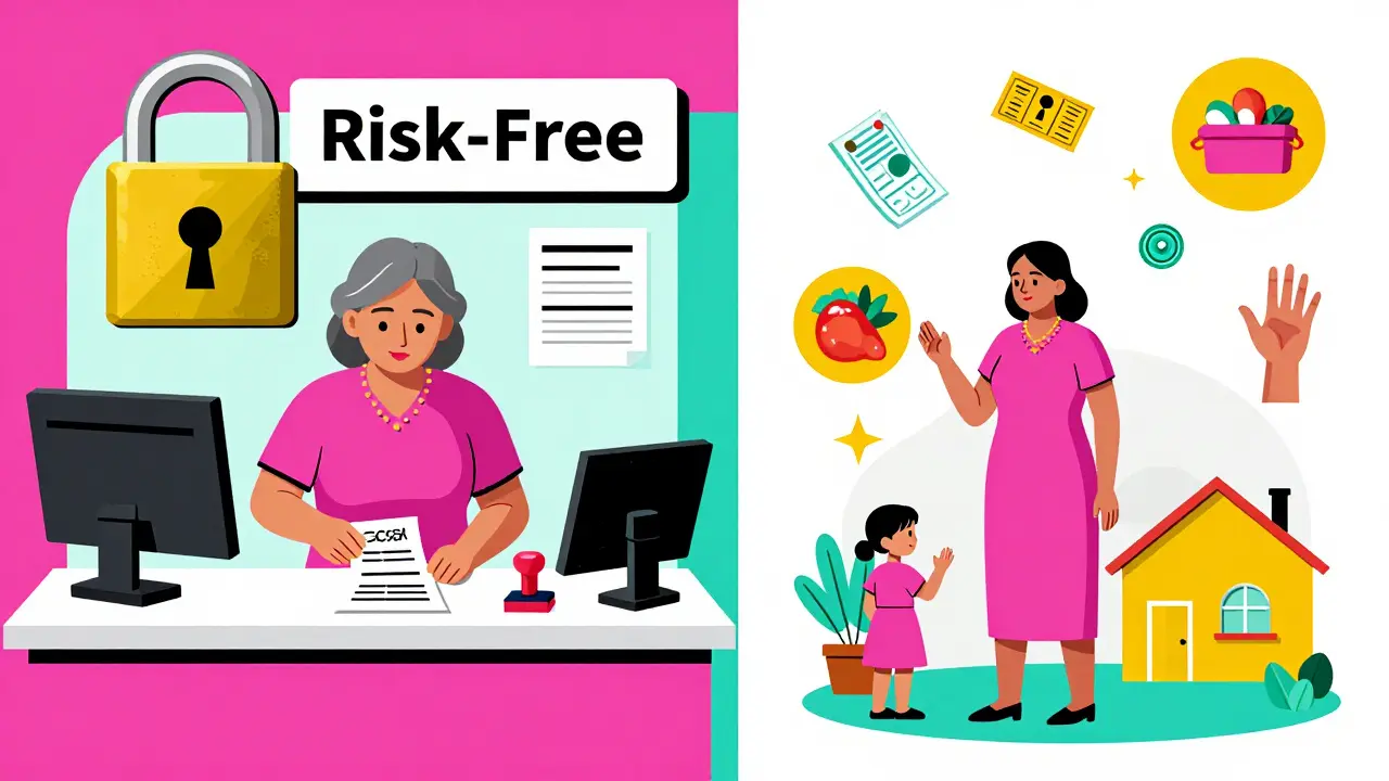 An elderly woman depositing savings into SCSS while her retirement life unfolds with medical, family, and home icons around her.