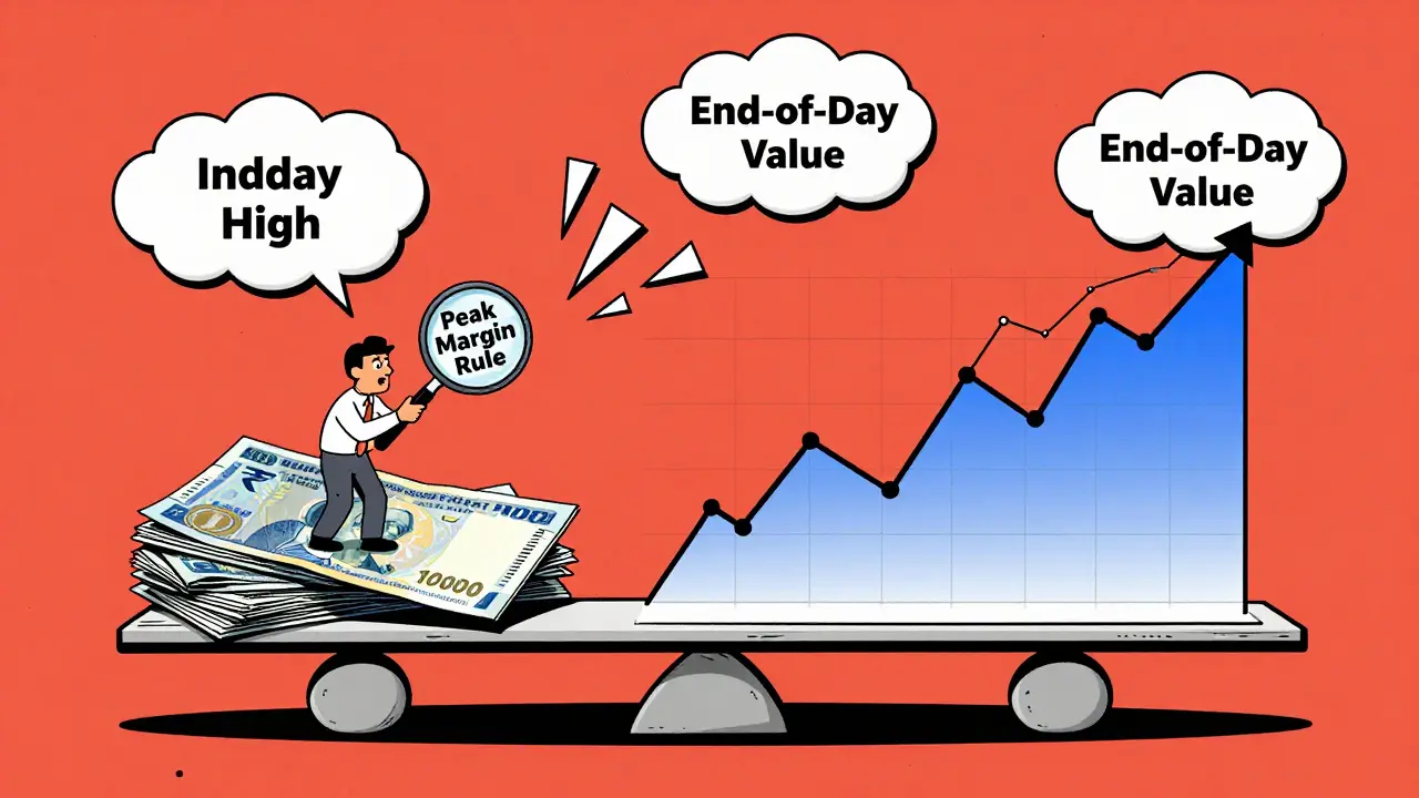 Balance scale showing pledged shares versus leveraged trading, with collapsing market clouds.