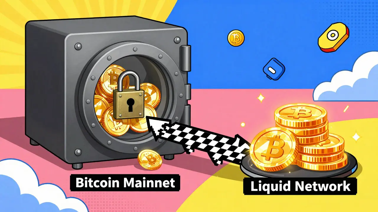 Digital vault locking Bitcoin coins on main chain while identical coins appear on a sidechain, connected by zigzag bridge.