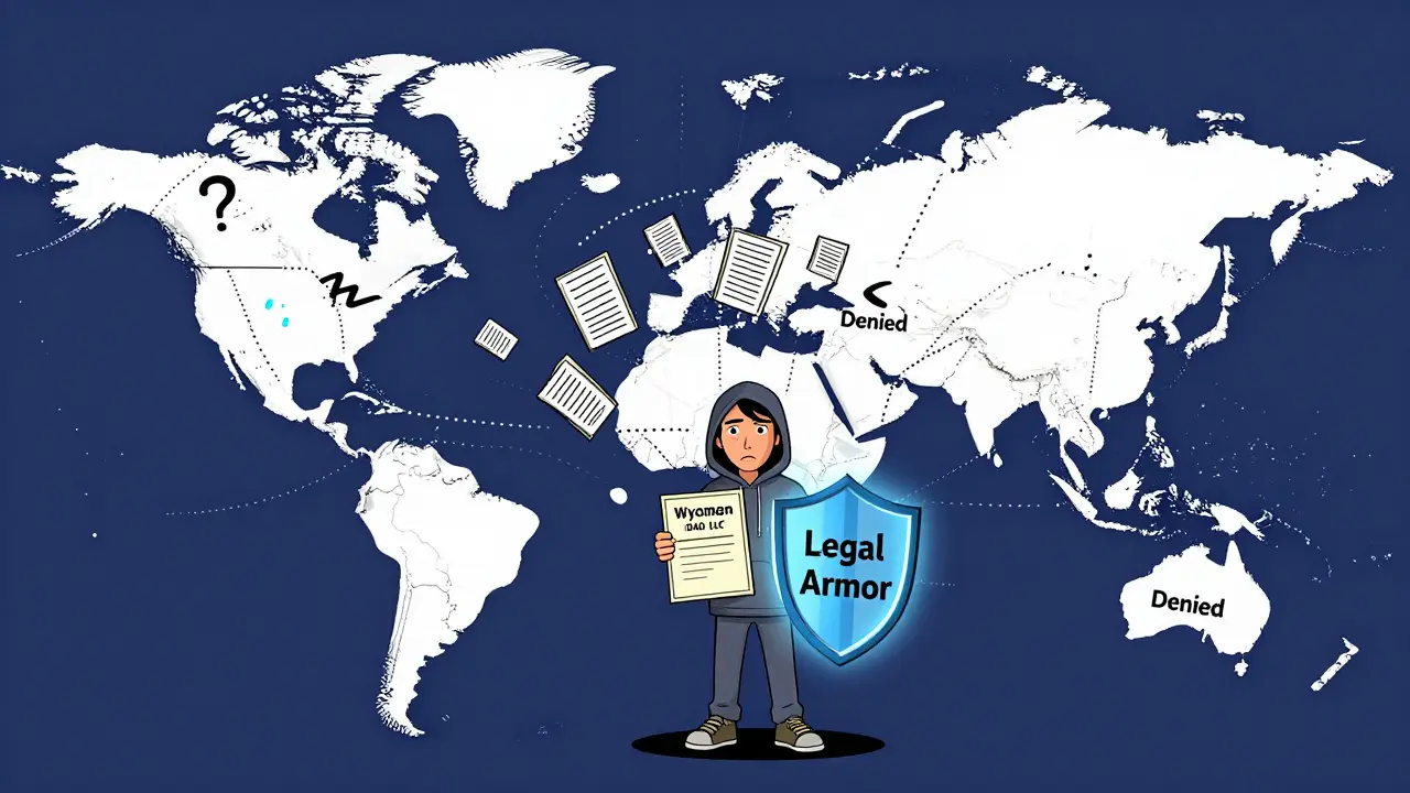 Global map showing Wyoming's legal advantage over vague alternatives, with a shield protecting a DAO member