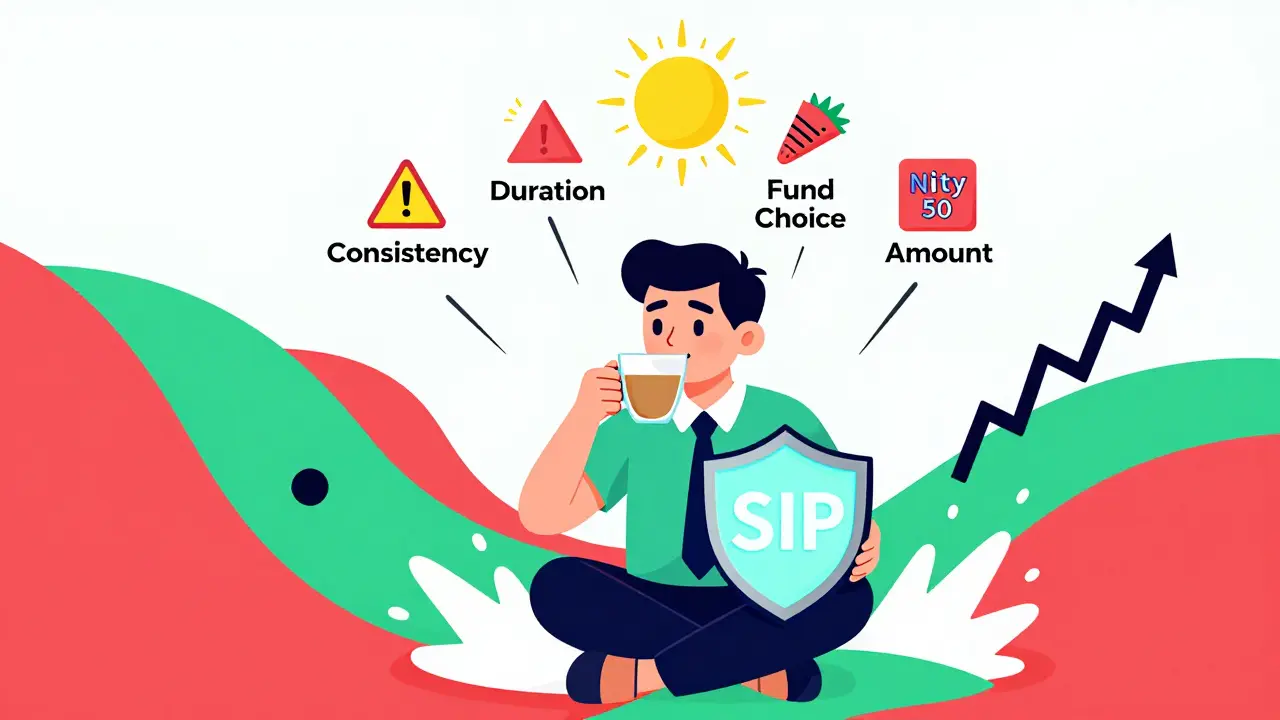 Investor sipping chai calmly amid market chaos, SIP shield glowing, key investment icons rising, Memphis style