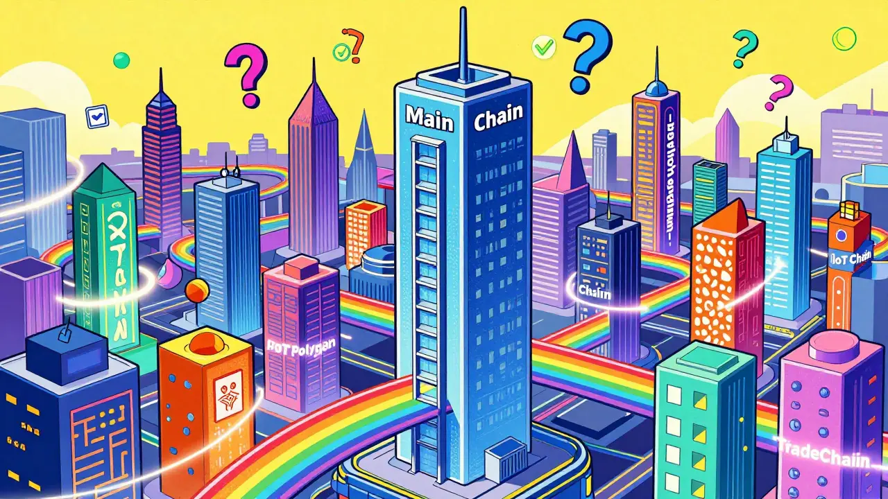 Main blockchain tower with slow elevators surrounded by fast-spinning sidechain towers linked by rainbow bridges.