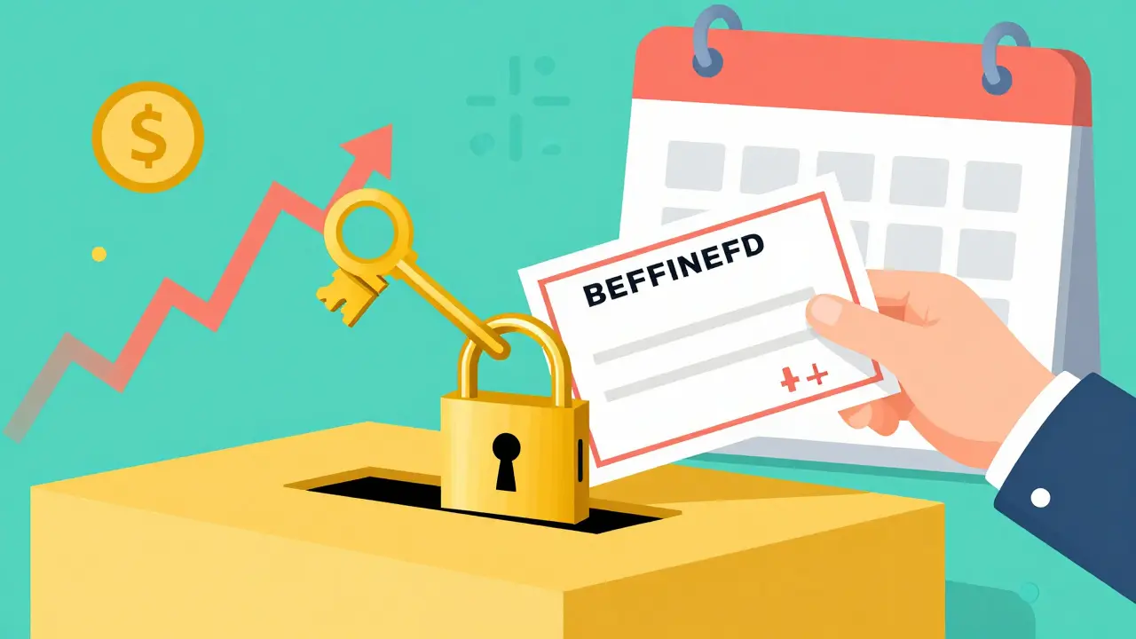 Matured FD funds flowing into ELSS mutual fund investment with key and calendar.