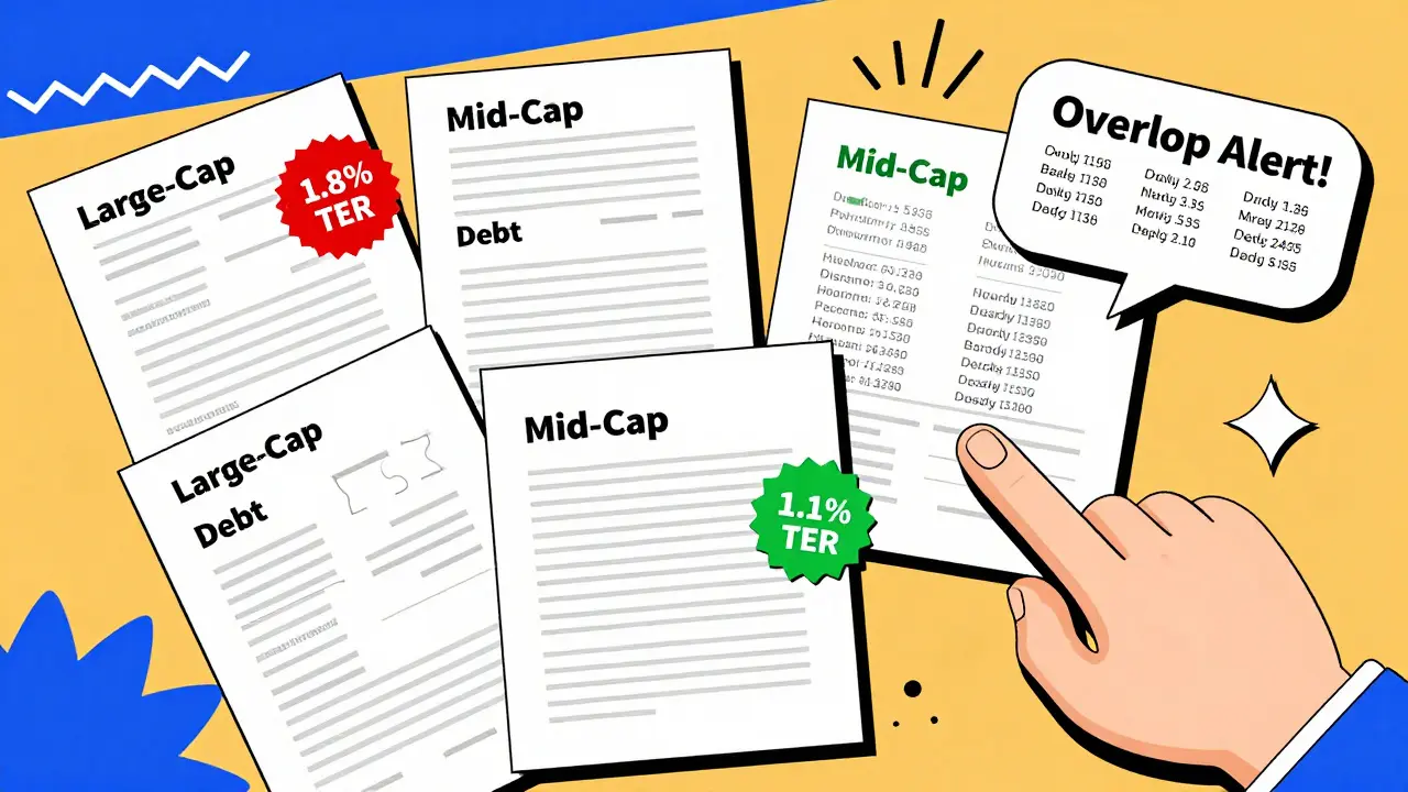 Overlapping mutual fund documents with high and low expense ratios highlighted
