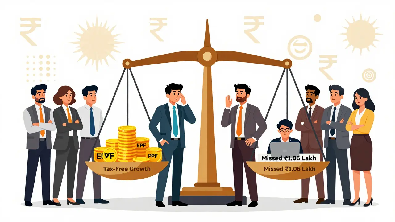 Professionals compare EPF and PPF benefits against missed tax savings on a giant scale.