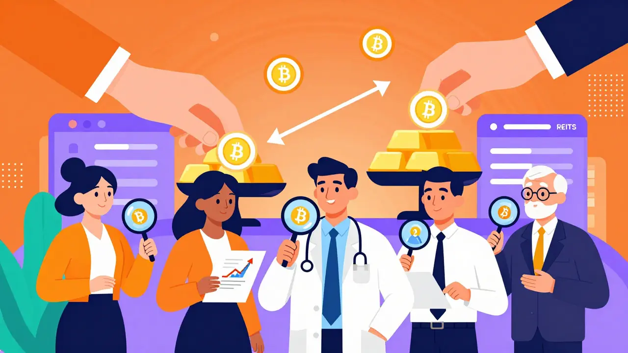 Professionals examine a portfolio where Bitcoin grows alongside gold and REITs, guided by institutional hands.