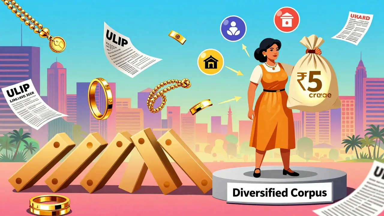 Retiree standing on a diversified corpus platform while financial traps collapse around them in Memphis style.