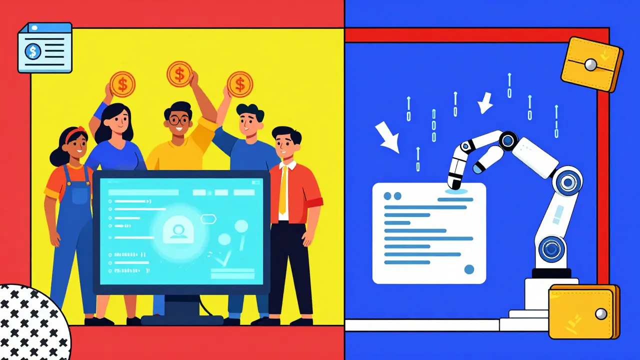 Split illustration of member-voted and algorithm-governed DAO systems with icons of assets and contracts