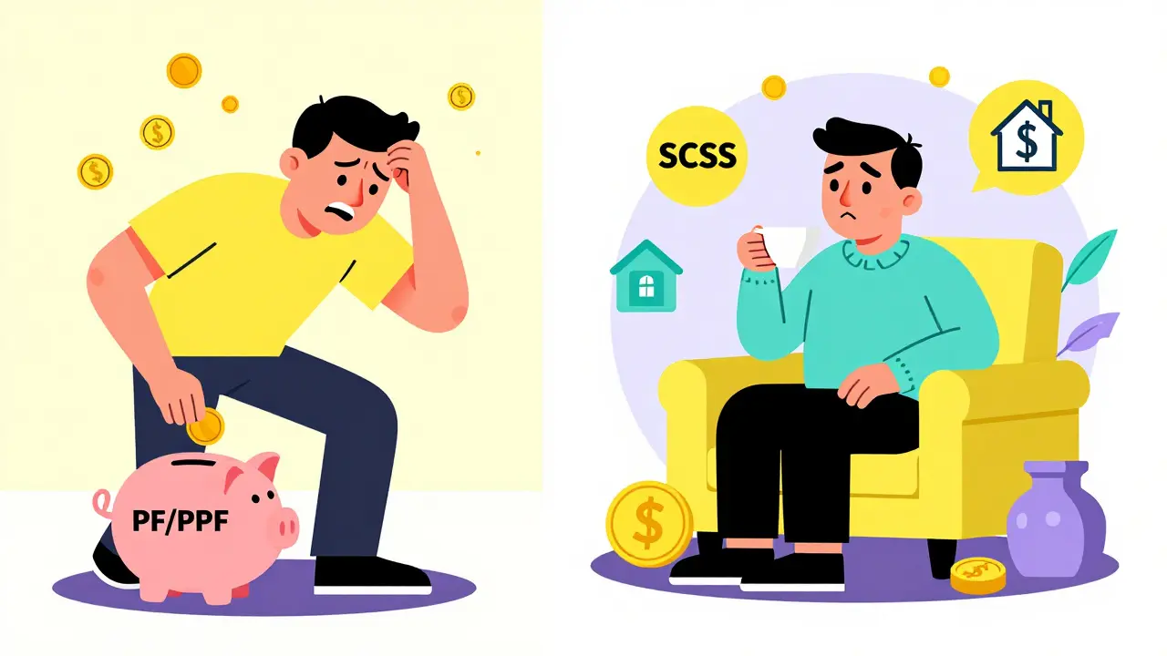 Split scene: a man saving small change vs. his future self enjoying multiple income streams in bold geometric style.