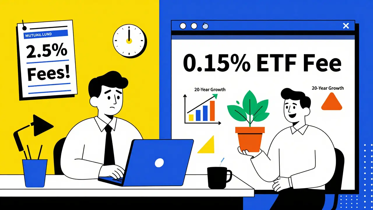 Split scene: cluttered old fund brochure vs. clean digital ETF dashboard with growing plant, in Memphis Design style.
