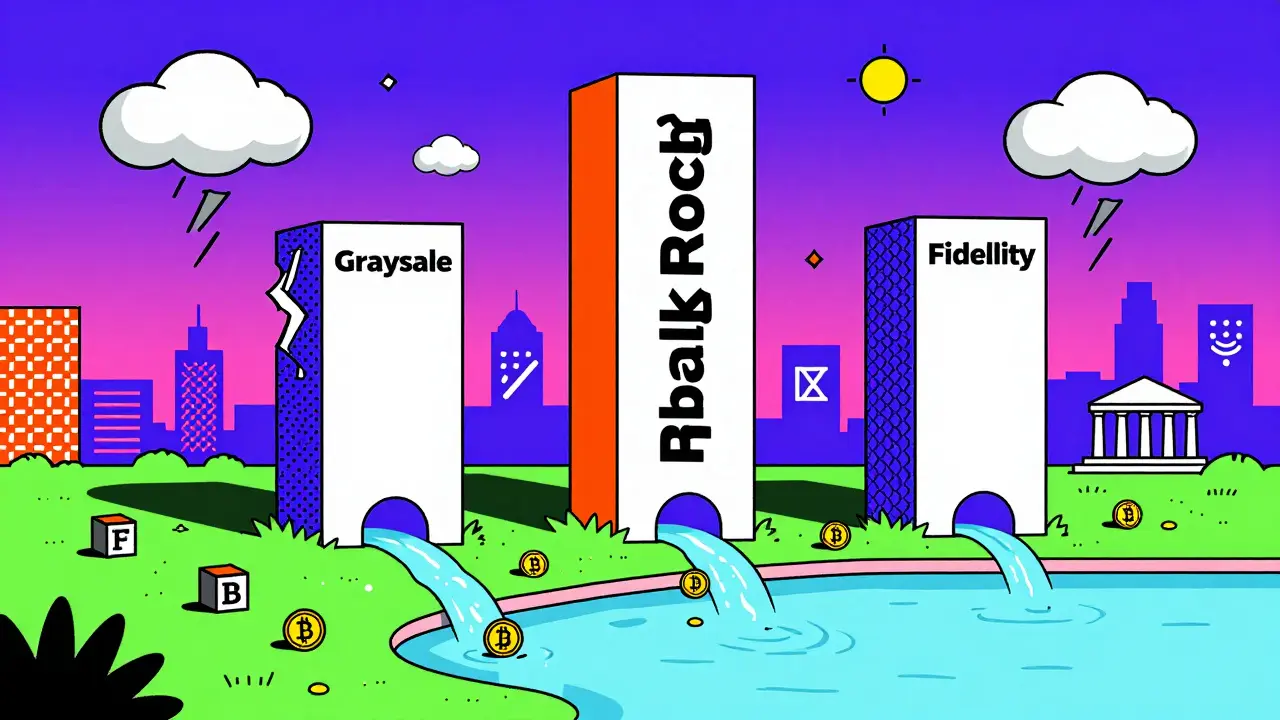 Three giant ETF monoliths dominate a landscape, channeling Bitcoin into a calm lake while smaller ETFs struggle.