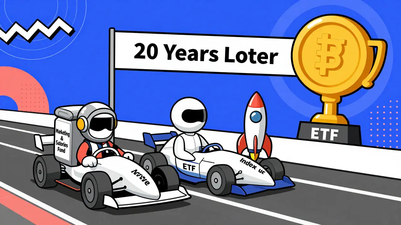 Three mutual fund racers on a track, with ETF as a rocket, finishing first under a rupee coin trophy, in bold Memphis patterns.