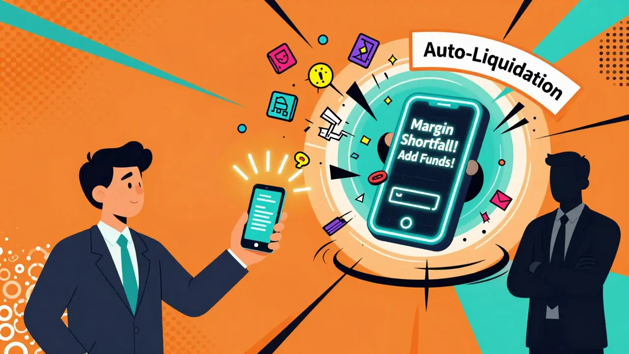 Trader receiving margin call alert as portfolio items vanish into a liquidation vortex.