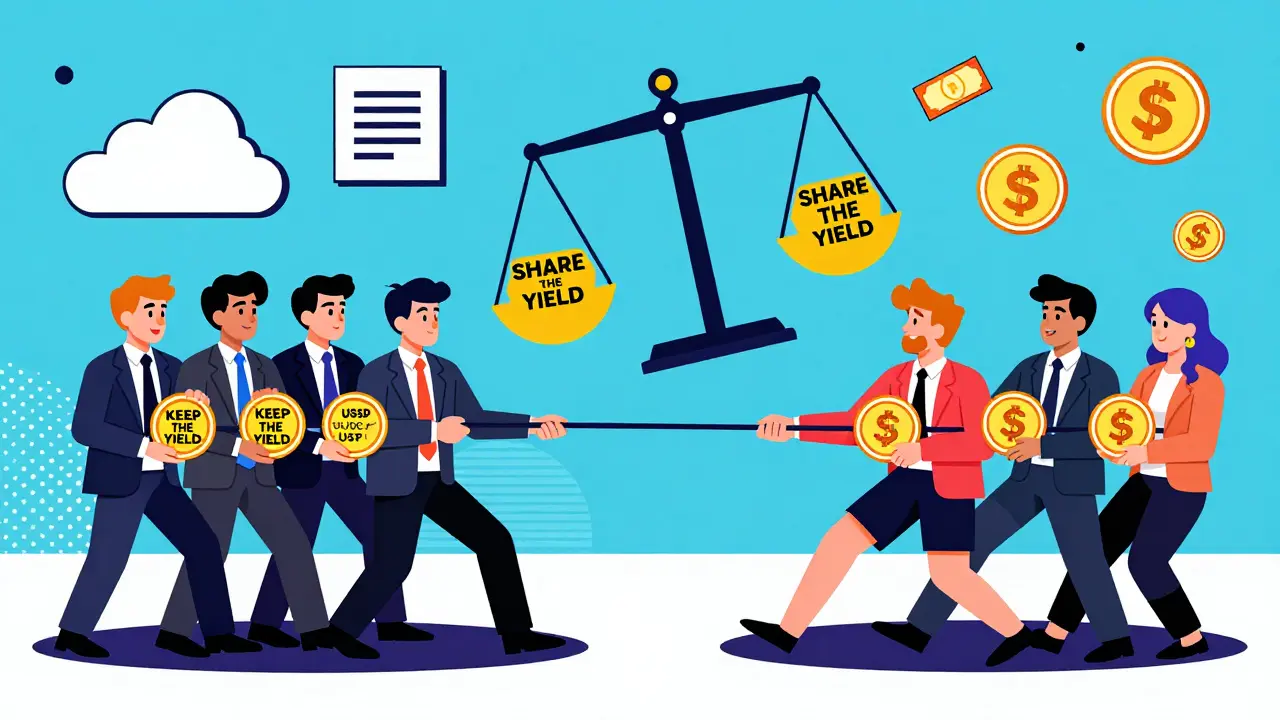 Two teams tug over stablecoin yield, one corporate, one crypto users, with a tipping scale.