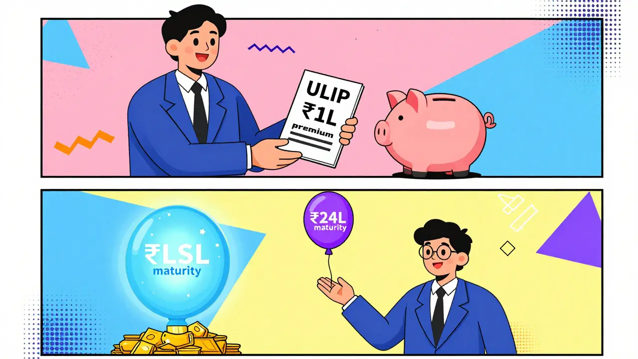 ULIP vs ELSS maturity comparison: tiny balloon vs giant glowing fund, Memphis style.