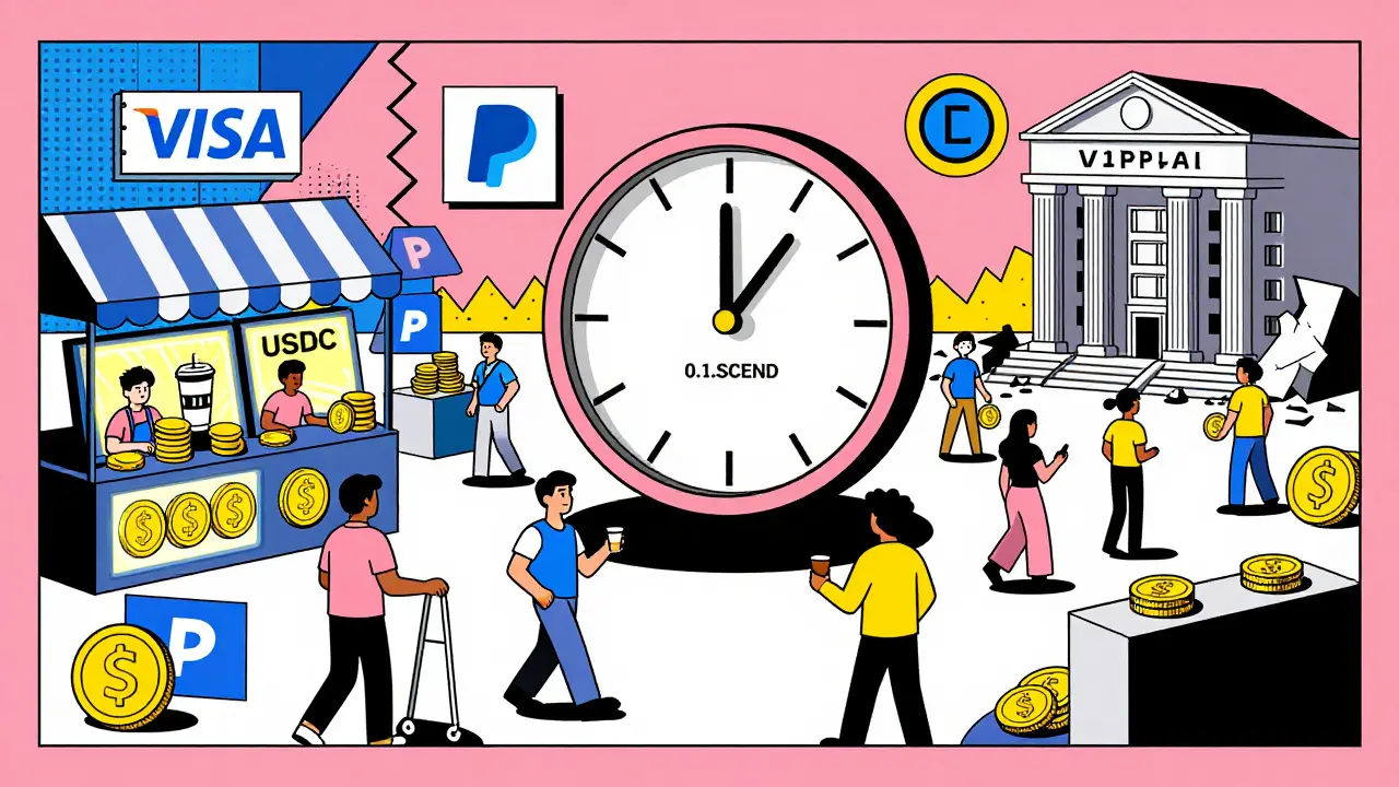 Vibrant marketplace where stablecoins replace cash, with glowing payment panels and crumbling banks in background.