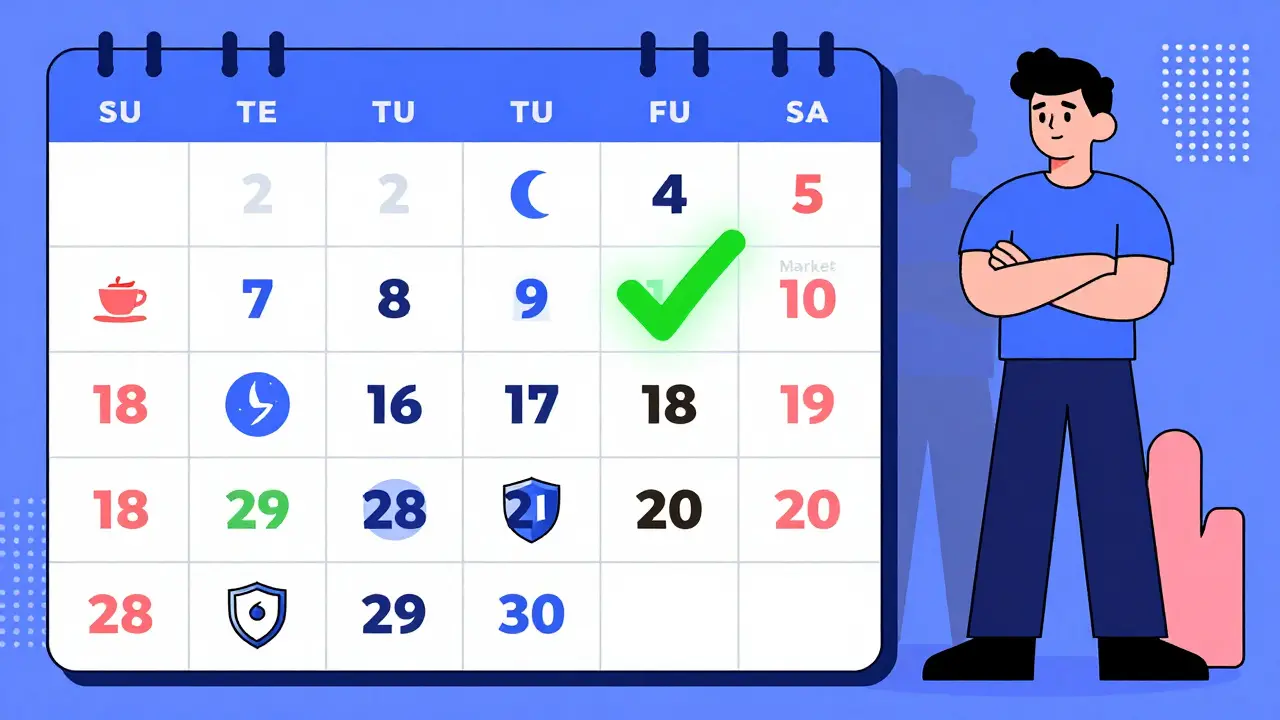 A colorful calendar with abstract symbols for daily trading wins, one glowing green checkmark standing out on day 28.