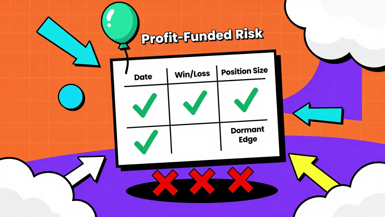 A floating trading journal with winning trades inflating a profit balloon and losing trades sinking into a dark pit, all in bold geometric patterns.