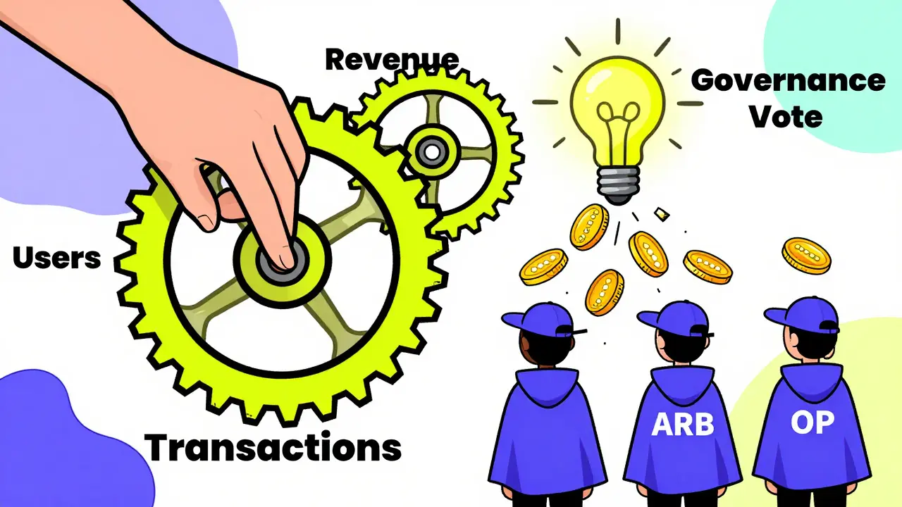 A flywheel of users, transactions, and stakers turning with coins raining down in vibrant Memphis style.