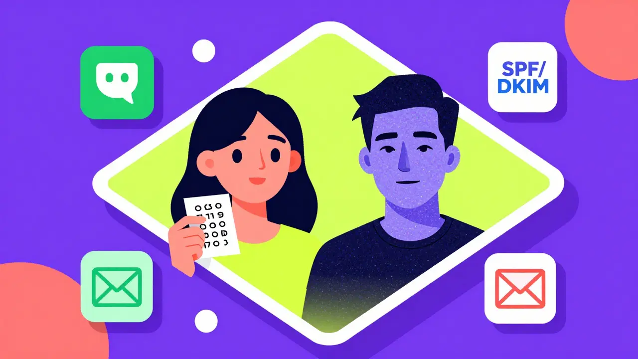 A live video call with a real person holding a note vs. a pixelated deepfake, surrounded by 2FA and email security icons.